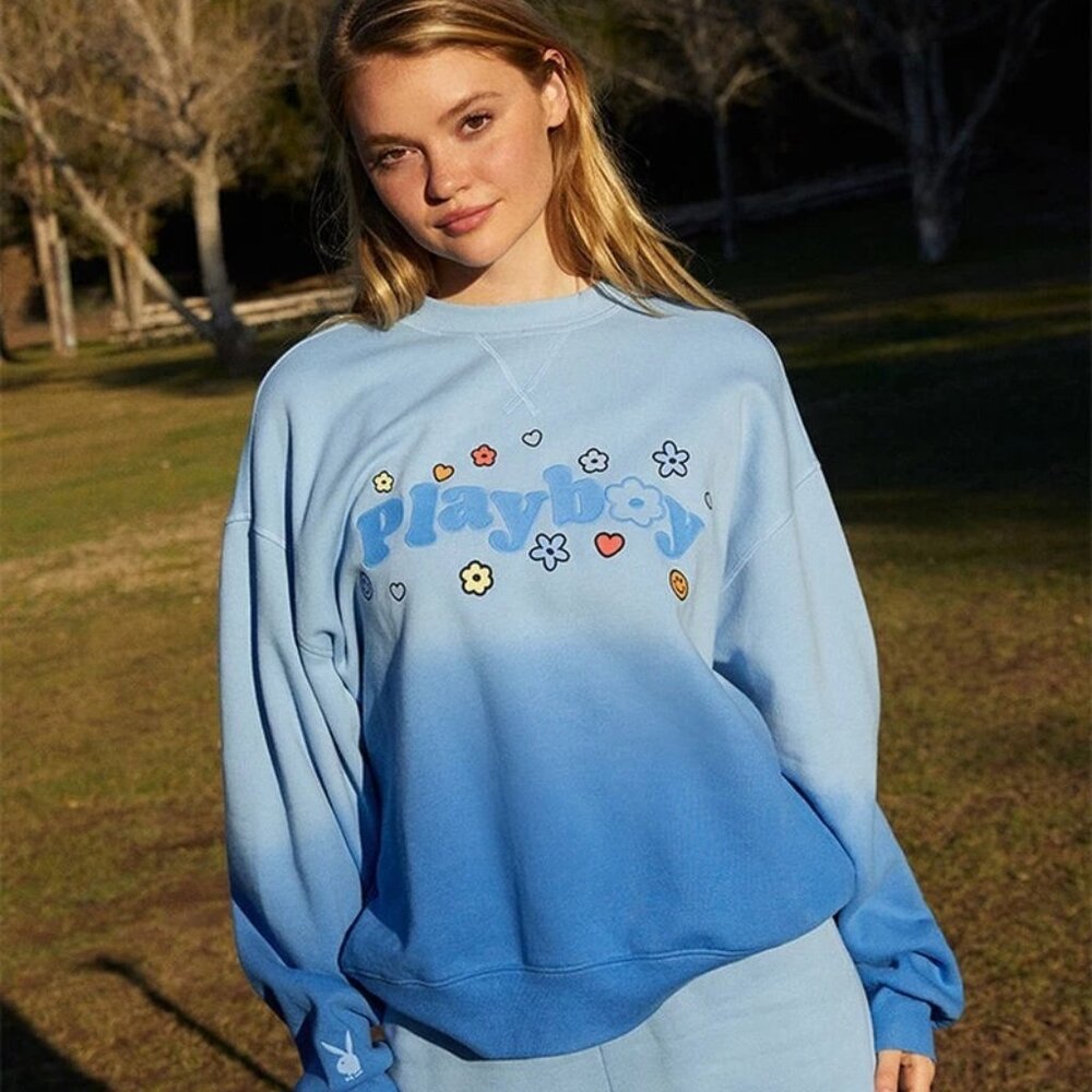 PLAYBOY by PAC SUN Blue Camp Crew Neck Sweatshirt Soft & Cozy Large